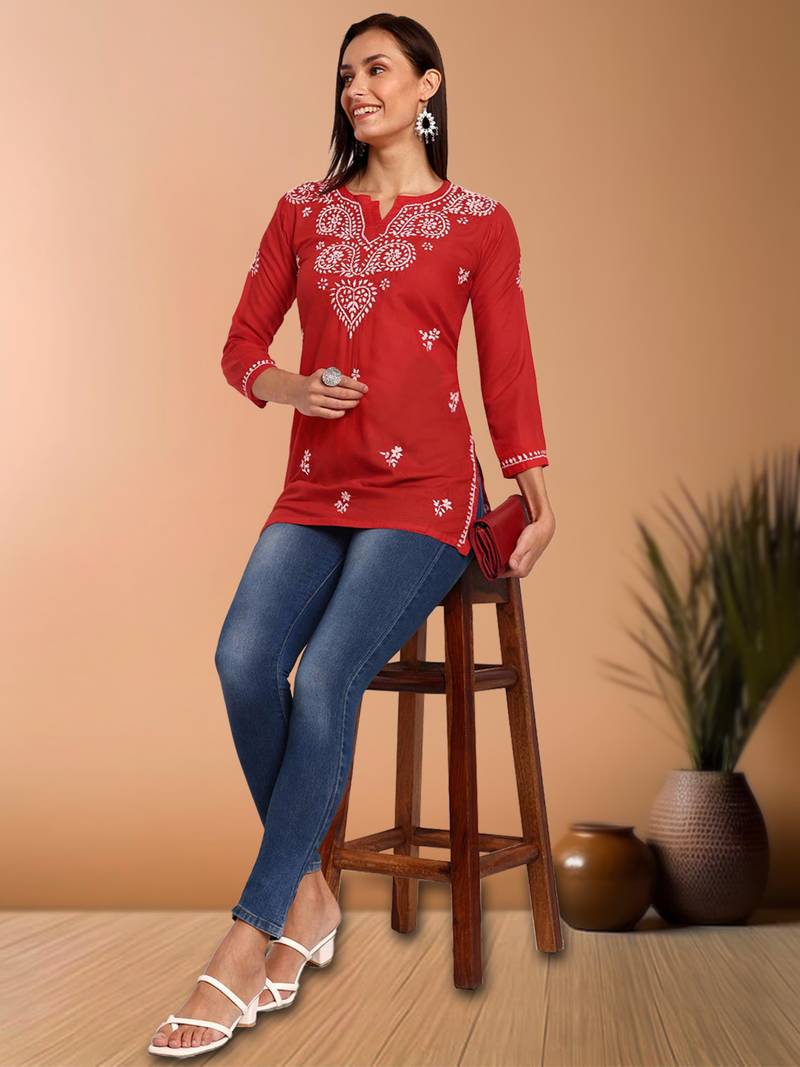 Hand embroidered red cotton lucknowi chikankari short kurti/top