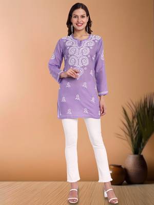 Hand embroidered purple cotton lucknowi chikankari short kurti/top 4