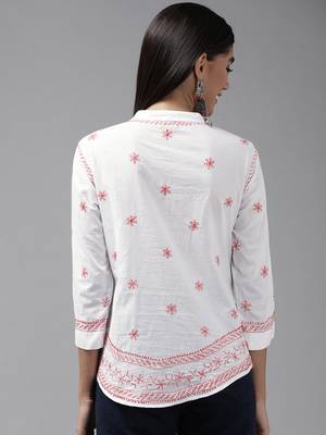 Hand embroidered white cotton lucknowi chikankari shirt 2