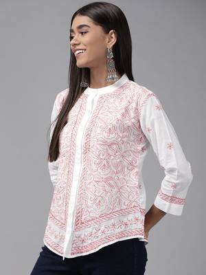 Hand embroidered white cotton lucknowi chikankari shirt 3