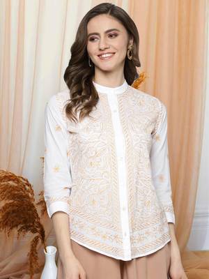Hand embroidered white cotton lucknowi chikankari shirt 1
