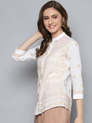 Hand embroidered white cotton lucknowi chikankari shirt 3