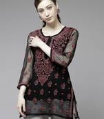 Hand embroidered black georgette lucknowi chikankari short kurti/top with slip