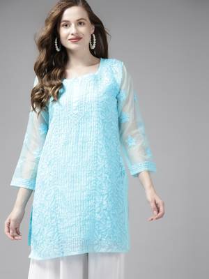Hand embroidered blue organza lucknowi chikankari short kurti with slip 1