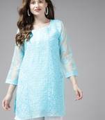 Hand embroidered blue organza lucknowi chikankari short kurti with slip