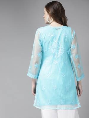 Hand embroidered blue organza lucknowi chikankari short kurti with slip 2