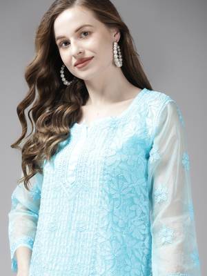 Hand embroidered blue organza lucknowi chikankari short kurti with slip 3