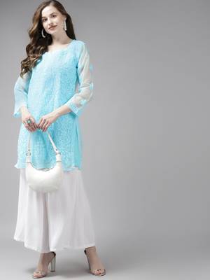 Hand embroidered blue organza lucknowi chikankari short kurti with slip 4