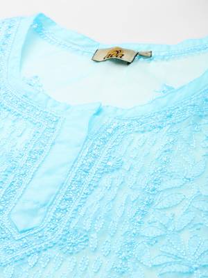 Hand embroidered blue organza lucknowi chikankari short kurti with slip 5