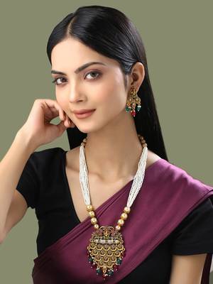 Mansiyaorange south indian peacock long chain pendant long necklace jewelry artificial imitation set for women 1
