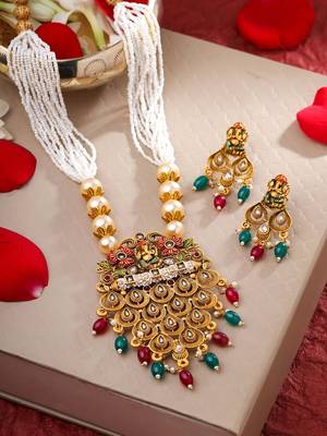 Mansiyaorange south indian peacock long chain pendant long necklace jewelry artificial imitation set for women 2