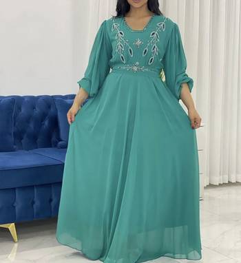 Royal Turquoise Georgette Handcrafted Zari Bedded work stitched Farasha Kaftan Party Wedding Dresses 1