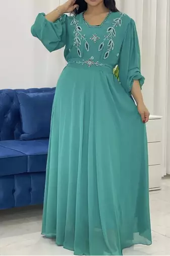 Royal Turquoise Georgette Handcrafted Zari Bedded work stitched Farasha Kaftan Party Wedding Dresses