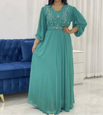 Royal Turquoise Georgette Handcrafted Zari Bedded work stitched Farasha Kaftan Party Wedding Dresses 3