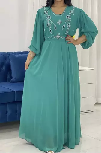 Royal Turquoise Georgette Handcrafted Zari Bedded work stitched Farasha Kaftan Party Wedding Dresses