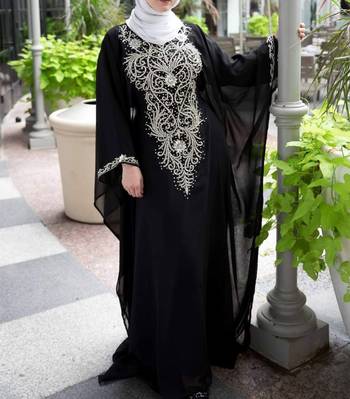 Royal Black Georgette Handcrafted Zari Silver Bedded work stitched Farasha Kaftan Party Wedding Dresses 1
