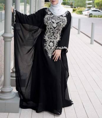 Royal Black Georgette Handcrafted Zari Silver Bedded work stitched Farasha Kaftan Party Wedding Dresses 2
