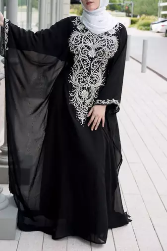 Royal Black Georgette Handcrafted Zari Silver Bedded work stitched Farasha Kaftan Party Wedding Dresses