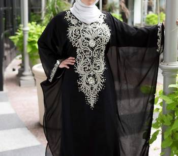Royal Black Georgette Handcrafted Zari Silver Bedded work stitched Farasha Kaftan Party Wedding Dresses 3