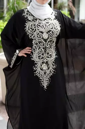 Royal Black Georgette Handcrafted Zari Silver Bedded work stitched Farasha Kaftan Party Wedding Dresses