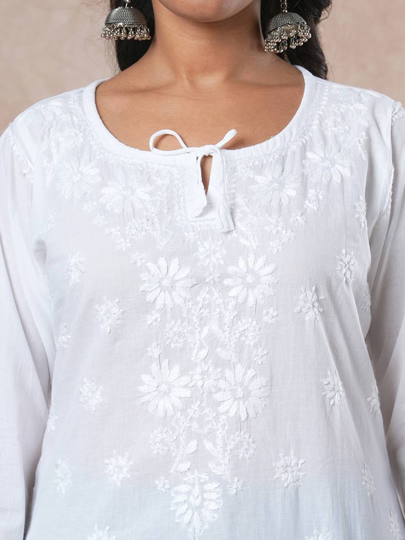 Hand embroidered white cotton lucknowi chikankari kurti