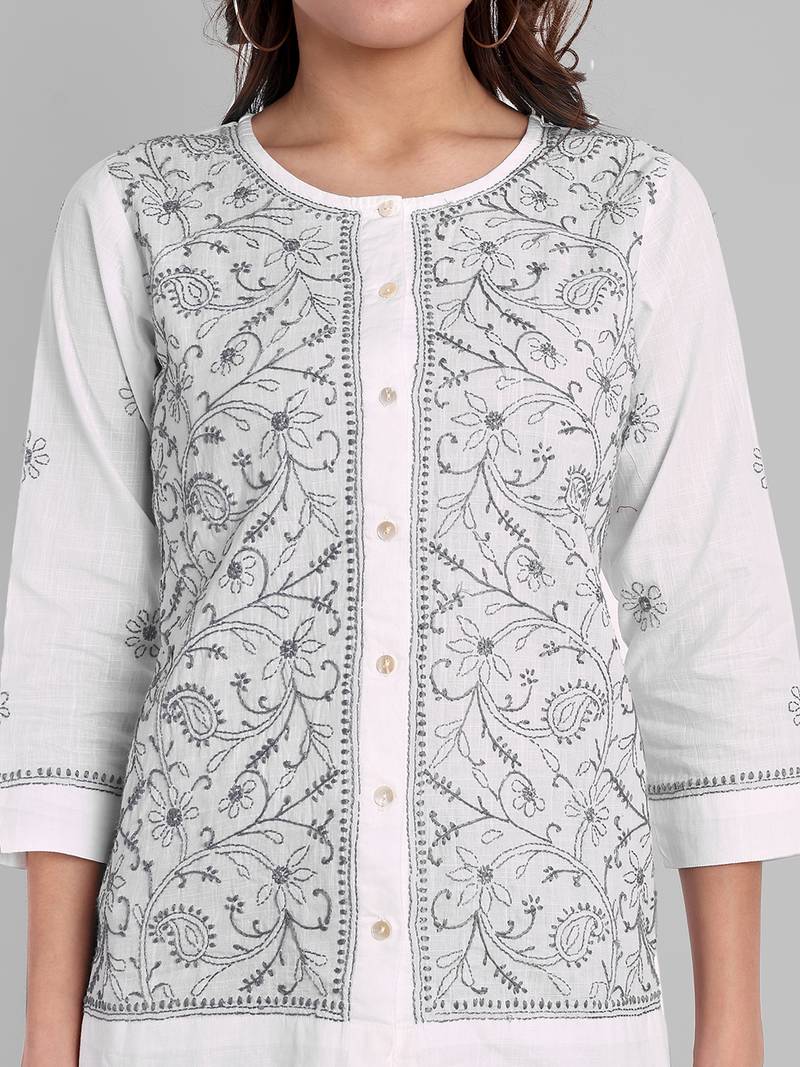 Hand embroidered white cotton lucknowi chikankari shirt