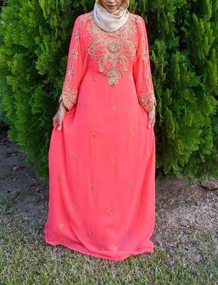 Royal Peach Georgette Handcrafted Zari Silver Bedded work stitched Farasha Kaftan Party Wedding Dresses 1