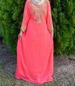 Royal Peach Georgette Handcrafted Zari Silver Bedded work stitched Farasha Kaftan Party Wedding Dresses