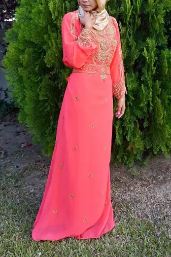 Royal Peach Georgette Handcrafted Zari Silver Bedded work stitched Farasha Kaftan Party Wedding Dresses