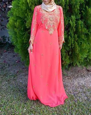 Royal Peach Georgette Handcrafted Zari Silver Bedded work stitched Farasha Kaftan Party Wedding Dresses 3