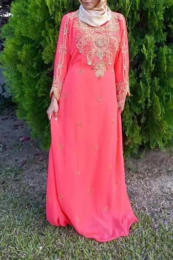 Royal Peach Georgette Handcrafted Zari Silver Bedded work stitched Farasha Kaftan Party Wedding Dresses