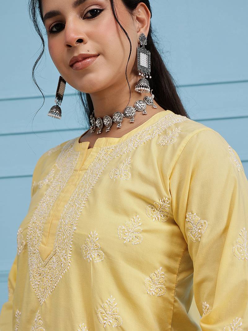 Hand embroidered yellow cotton lucknowi chikankari short kurti/top