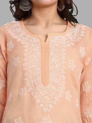Hand embroidered crayola peach cotton lucknowi chikankari short kurti 6