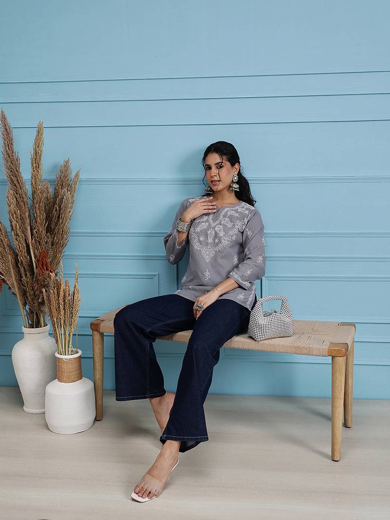 Hand embroidered grey cotton lucknowi chikankari short kurti/top