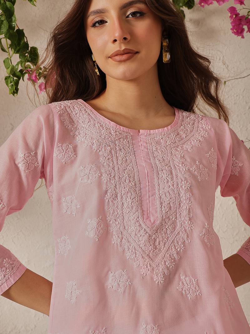 Hand embroidered pink cotton lucknowi chikankari kurti
