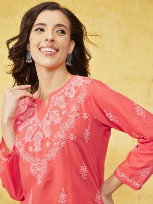 Hand embroidered carrot pink cotton lucknowi chikankari short kurti/top 7