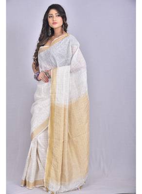 Handmade bhagalpuri linen saree with zari checks in white shade with blouse piece 1