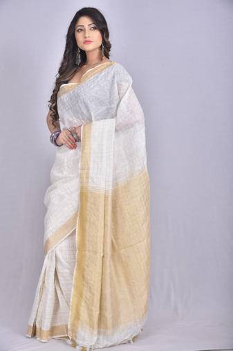 Handmade bhagalpuri linen saree with zari checks in white shade with blouse piece