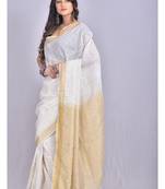 Handmade bhagalpuri linen saree with zari checks in white shade with blouse piece