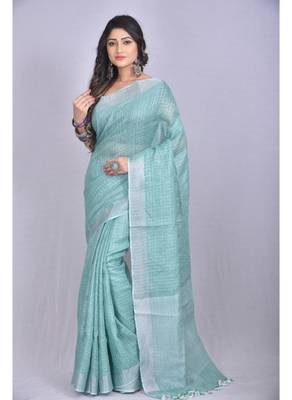 Handmade bhagalpuri linen saree with zari checks in teal shade with blouse piece 1