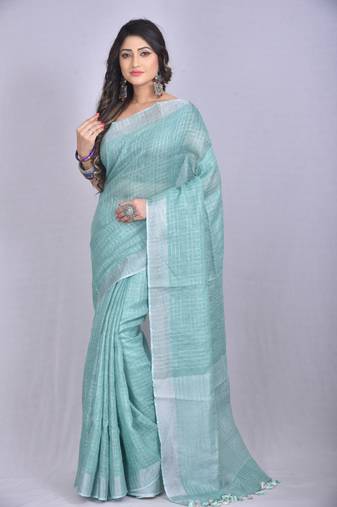 Handmade bhagalpuri linen saree with zari checks in teal shade with blouse piece