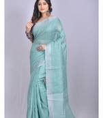 Handmade bhagalpuri linen saree with zari checks in teal shade with blouse piece