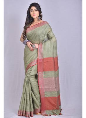 Handmade bhagalpuri linen saree in green shade with blouse piece 1