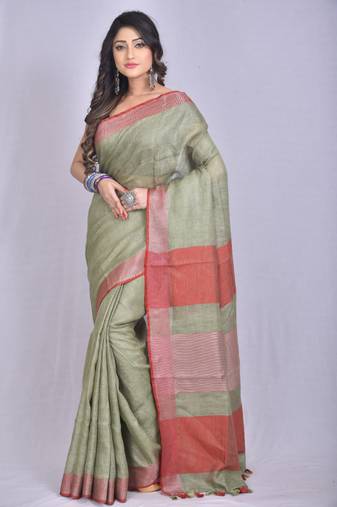 Handmade bhagalpuri linen saree in green shade with blouse piece