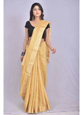 Handmade bhagalpuri tissue linen saree in golden shade with blouse piece 1