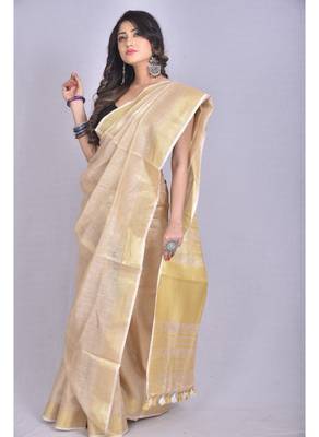 Handmade bhagalpuri tissue linen saree in beige shade with blouse piece 1