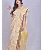 Handmade bhagalpuri tissue linen saree in beige shade with blouse piece