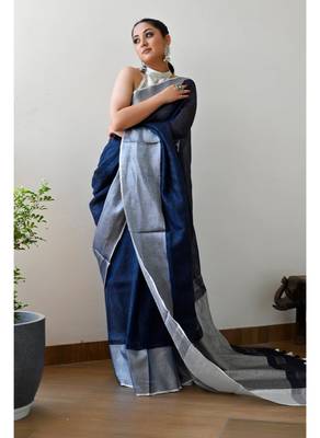 Handmade bhagalpuri linen saree with contrast border in royal blue shade with blouse piece 1