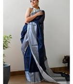 Handmade bhagalpuri linen saree with contrast border in royal blue shade with blouse piece
