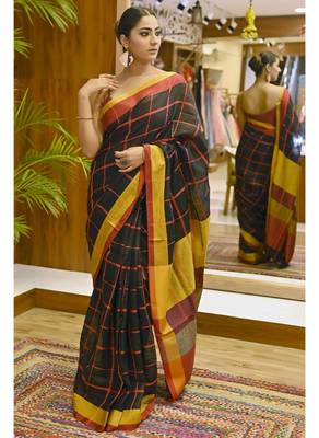 Handmade bhagalpuri linen saree with zari check in black shade with blouse piece 1